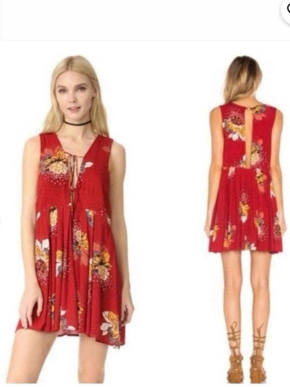 Free People Circle of Flowers mini Dress Red Boho Floral Tie Front